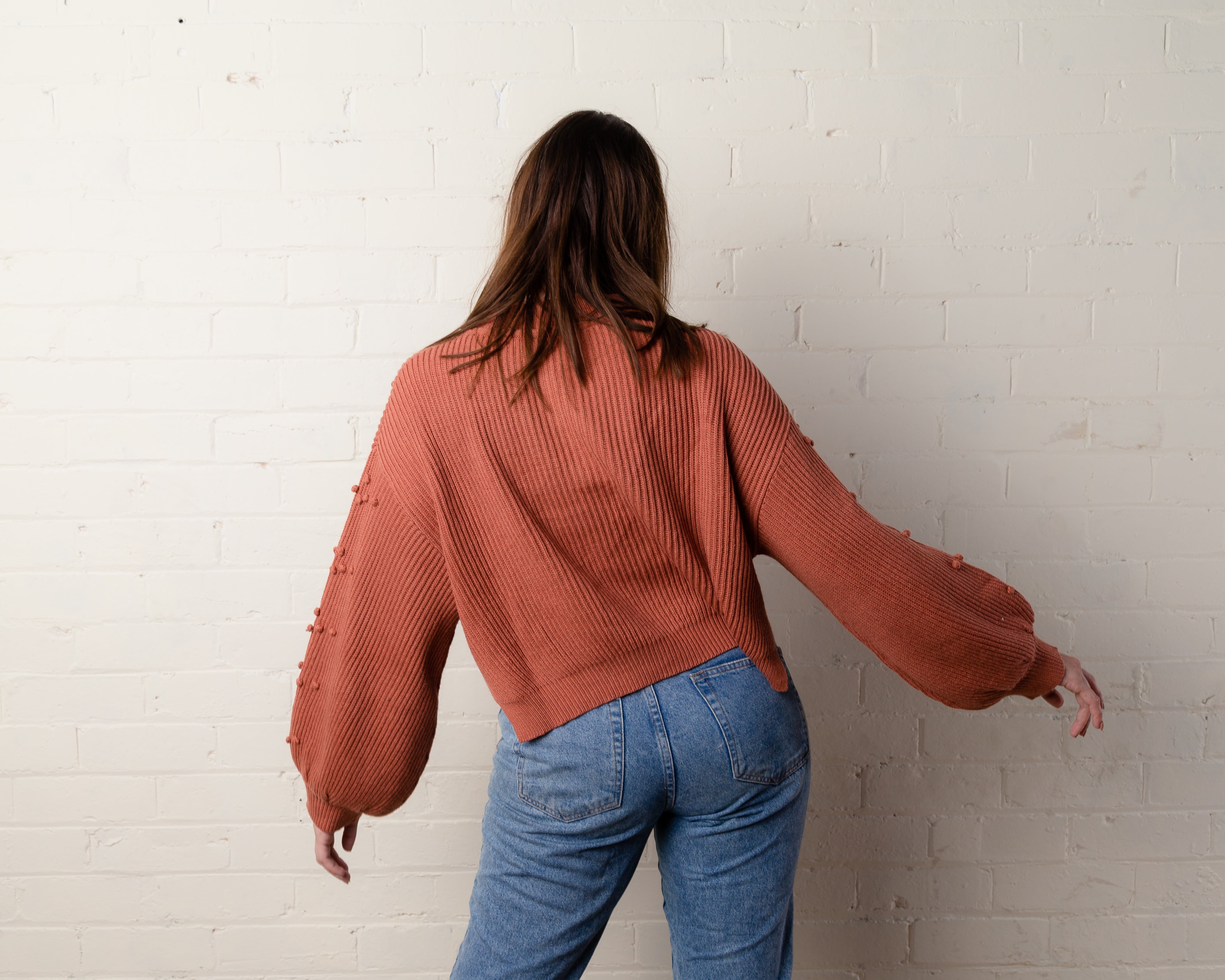 Bobble Knit Sweater - fashion knitwear, maternity fashion, bump friendly, rust, jumper, side splits, womens