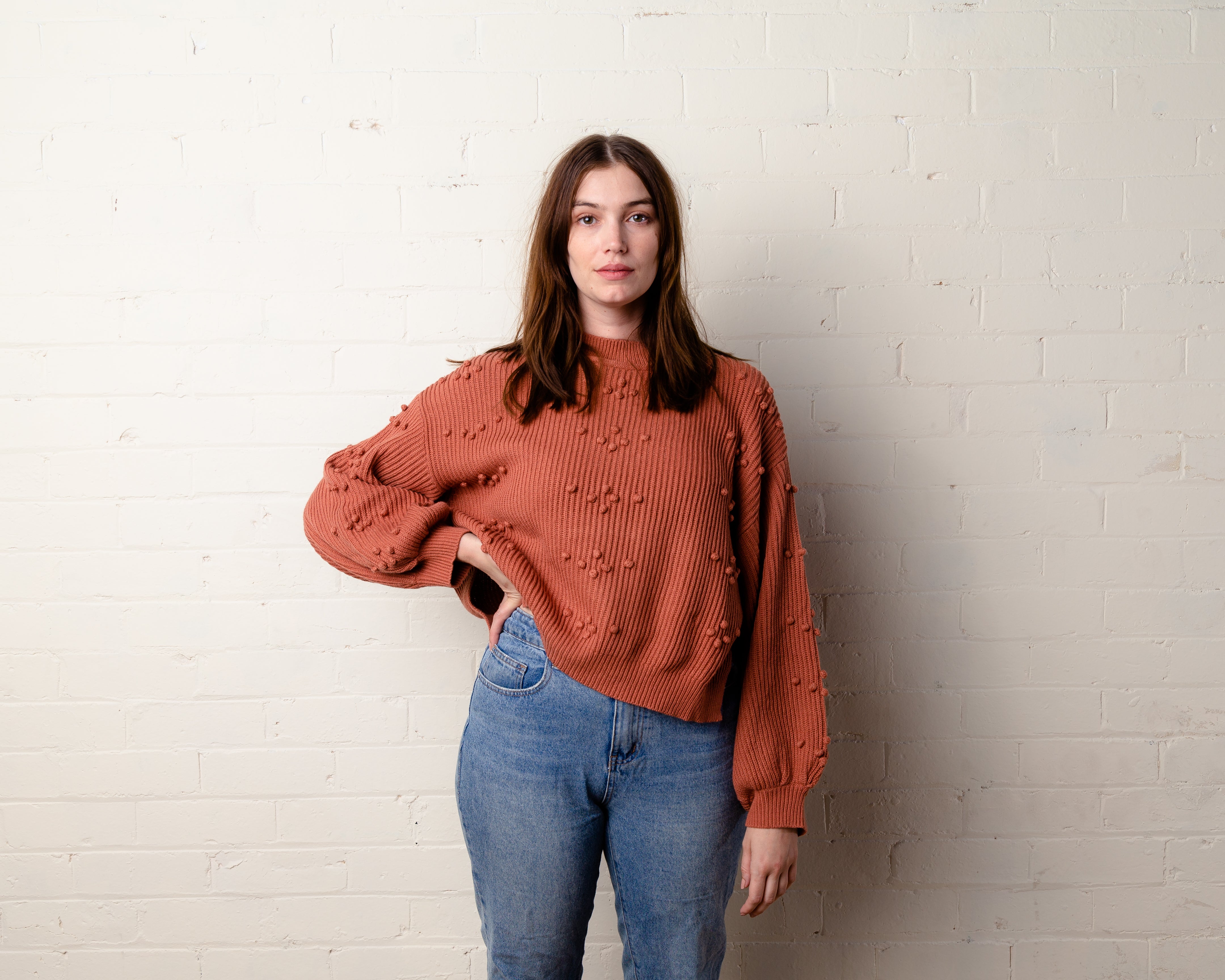 Bobble Knit Sweater - fashion knitwear, maternity fashion, bump friendly, rust, jumper, side splits, womens