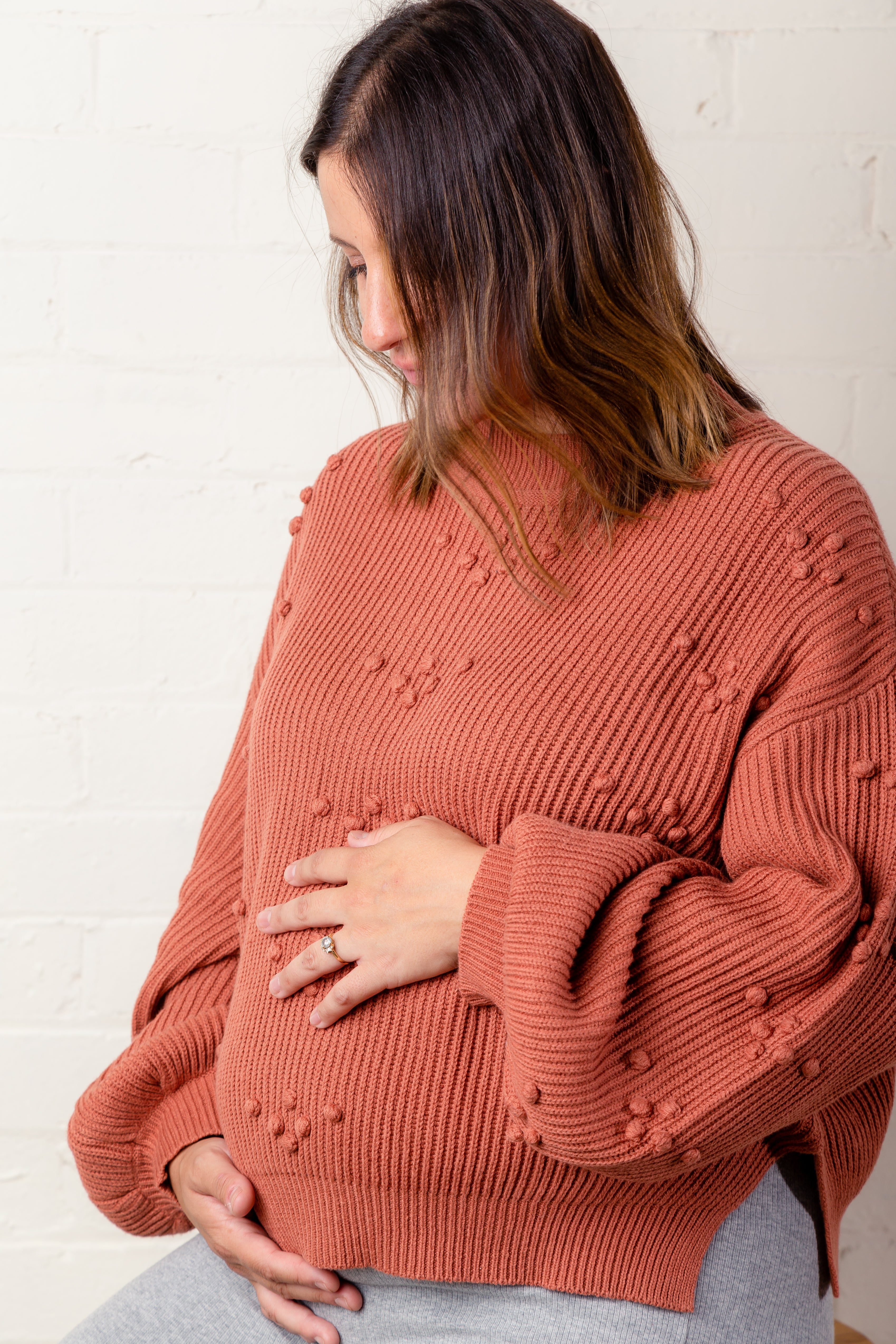 Bobble Knit Sweater - fashion knitwear, maternity fashion, bump friendly, rust,  jumper, side splits, womens
