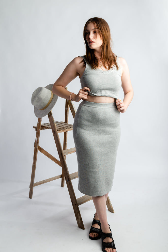 Evie Knit Skirt - grey marle, twin set, knitwear fashion, maternity fashion, bump friendly, cashmere, skirt, midi skirt